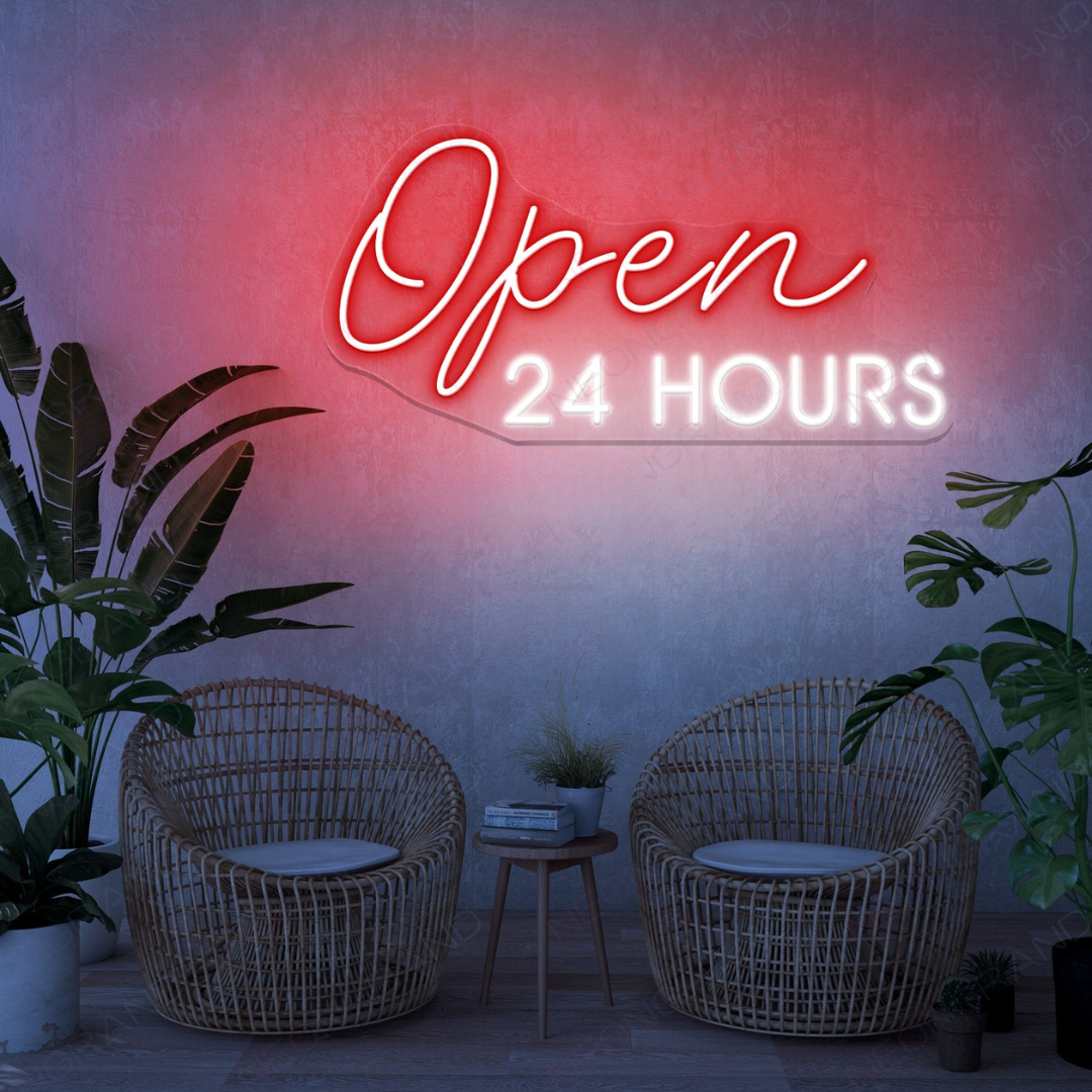Open 24 Hours business Neon sign by LEDNeons - perfect for restaurants, cafes, bars, and stores that operate all day and night.