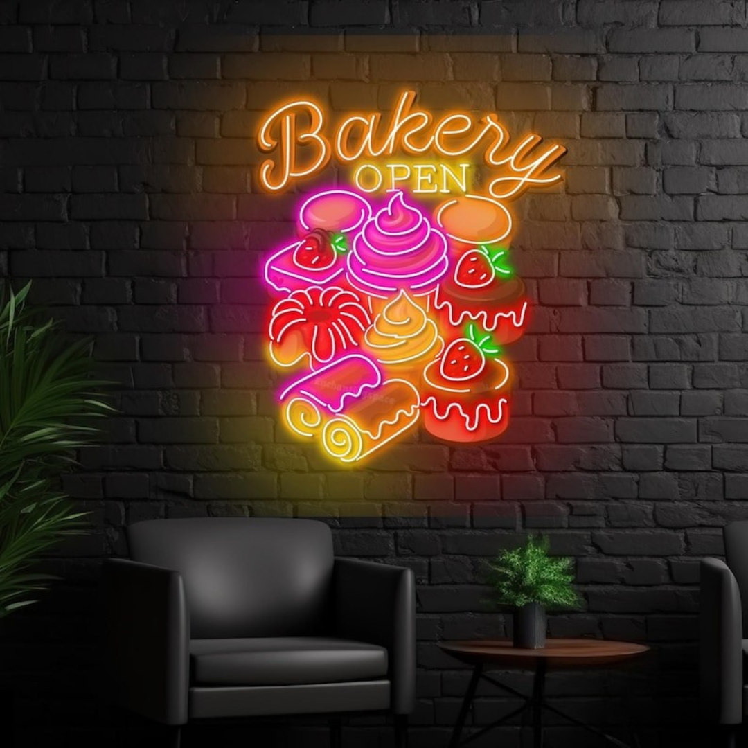  Open Business LED Neon Sign by LEDNeons - Colorful LED Neon Sign featuring cakes, cupcakes, and bread