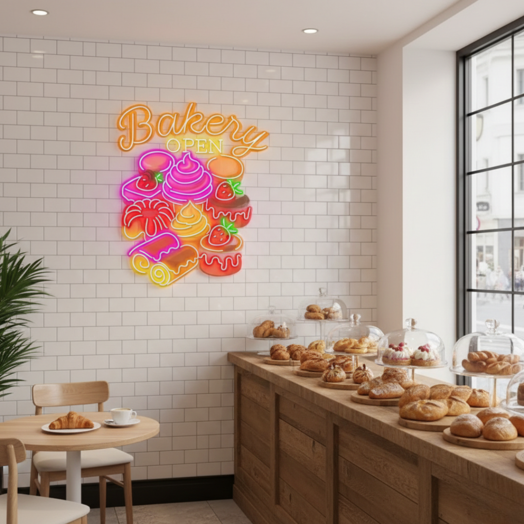  Open Business LED Neon Sign by LEDNeons - Colorful LED Neon Sign featuring cakes, cupcakes, and bread