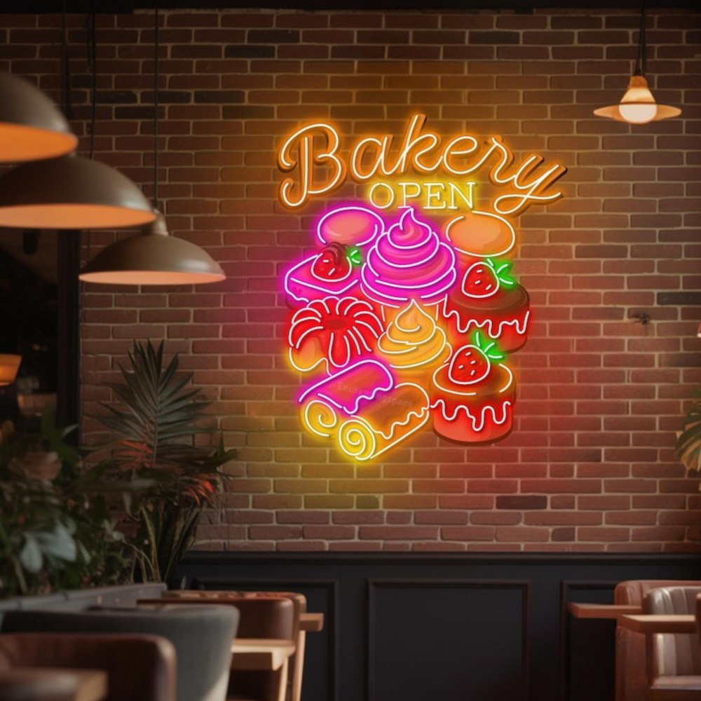  Open Business LED Neon Sign by LEDNeons - Colorful LED Neon Sign featuring cakes, cupcakes, and bread