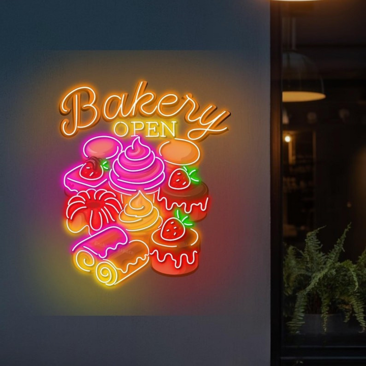 Open Business LED Neon Sign by LEDNeons - Colorful LED Neon Sign featuring cakes, cupcakes, and bread