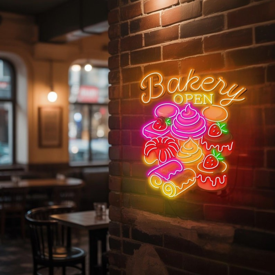 Open Business LED Neon Sign by LEDNeons - Colorful LED Neon Sign featuring cakes, cupcakes, and bread