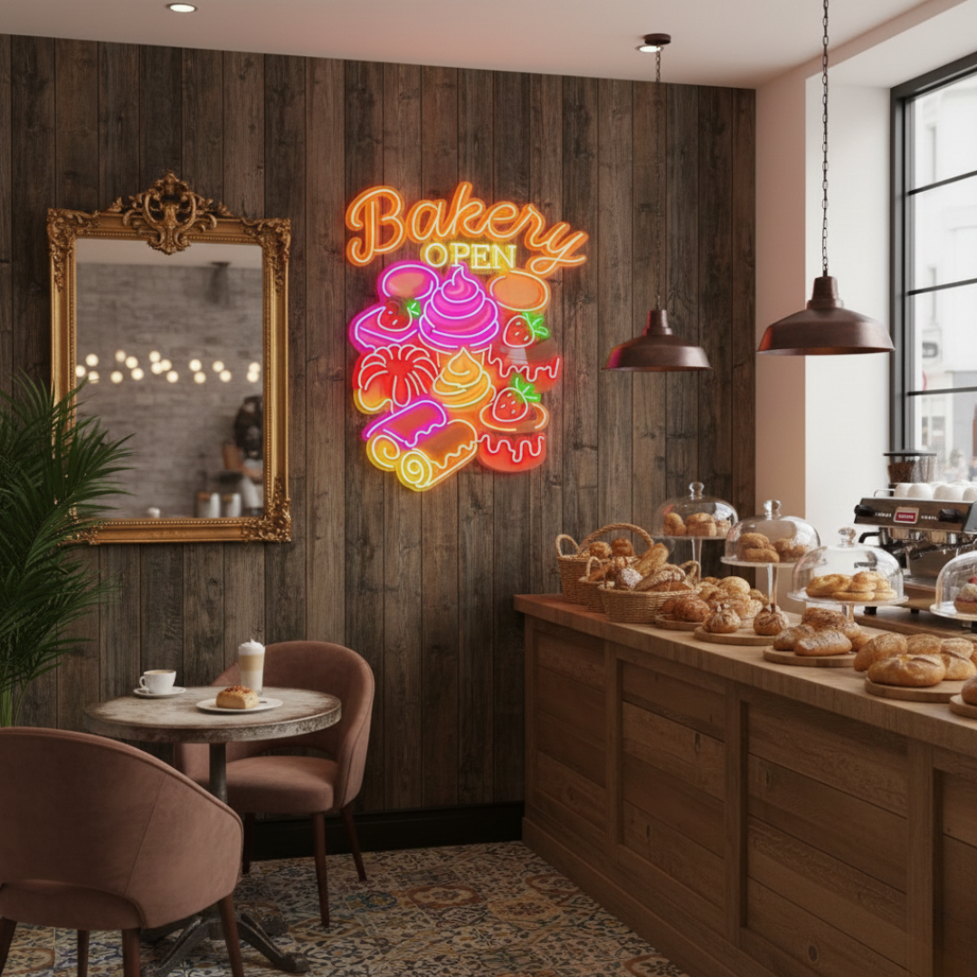  Open Business LED Neon Sign by LEDNeons - Colorful LED Neon Sign featuring cakes, cupcakes, and bread