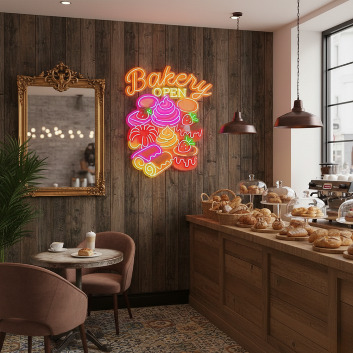  Open Business LED Neon Sign by LEDNeons - Colorful LED Neon Sign featuring cakes, cupcakes, and bread