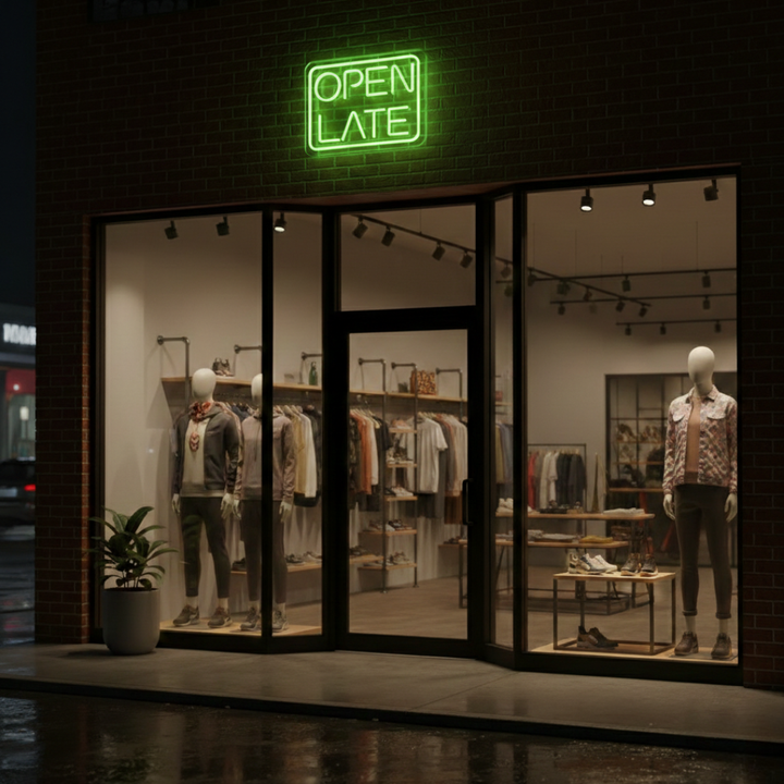 Open Late Business Neon Sign by LEDNeons - Glowing Neon Sign in vibrant color, designed to attract night-time customers.