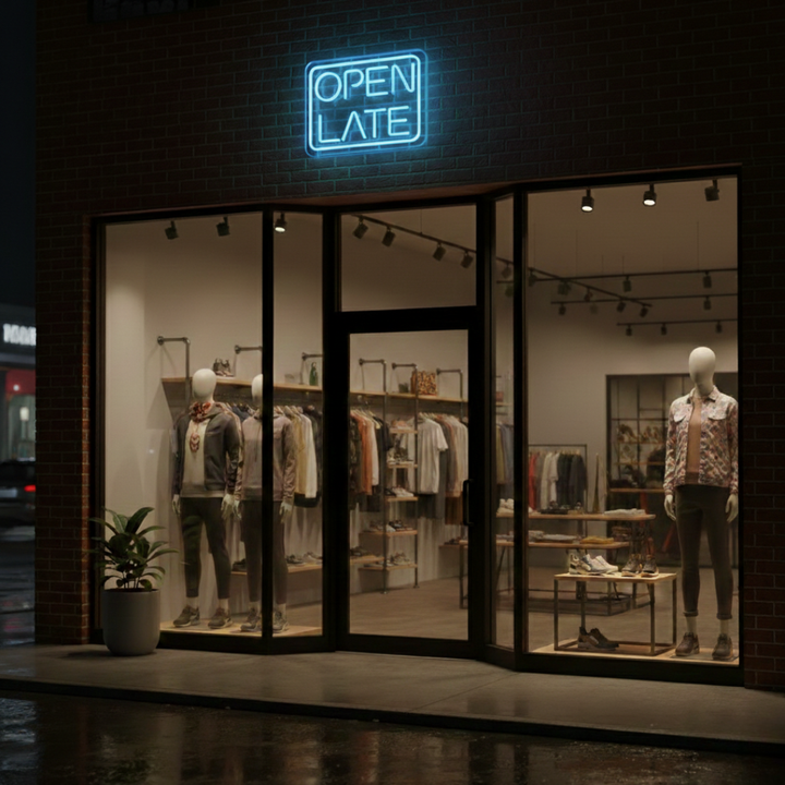 Open Late Business Neon Sign by LEDNeons - Glowing Neon Sign in vibrant color, designed to attract night-time customers.
