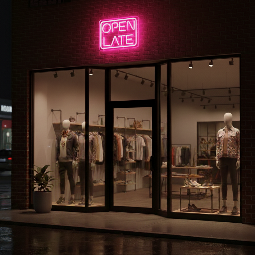 Open Late Business Neon Sign by LEDNeons - Glowing Neon Sign in vibrant color, designed to attract night-time customers.