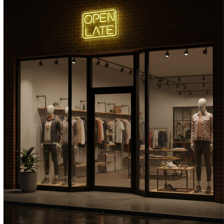 Open Late Business Neon Sign by LEDNeons - Glowing Neon Sign in vibrant color, designed to attract night-time customers.