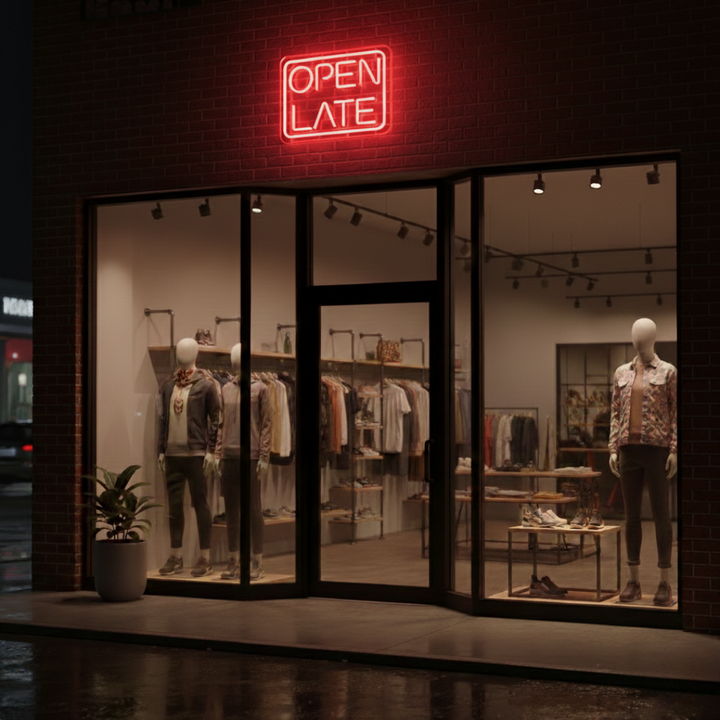 Open Late Business Neon Sign by LEDNeons - Glowing Neon Sign in vibrant color, designed to attract night-time customers.