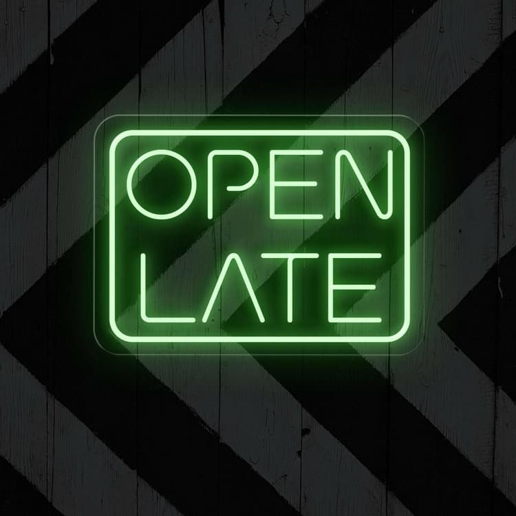 Open Late Business Neon Sign by LEDNeons - Glowing Neon Sign in vibrant color, designed to attract night-time customers.