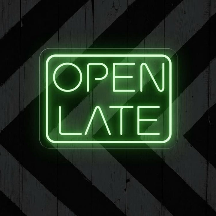 Open Late Business Neon Sign by LEDNeons - Glowing Neon Sign in vibrant color, designed to attract night-time customers.