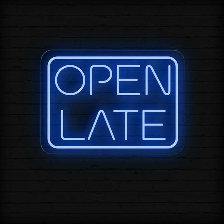 Open Late Business Neon Sign by LEDNeons - Glowing Neon Sign in vibrant color, designed to attract night-time customers.