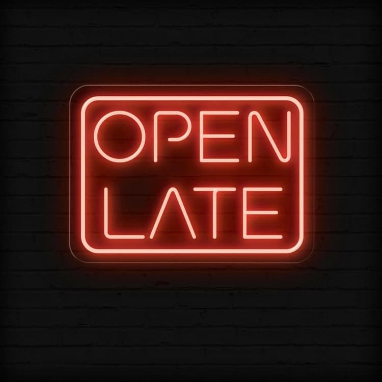 Open Late Business Neon Sign by LEDNeons - Glowing Neon Sign in vibrant color, designed to attract night-time customers.