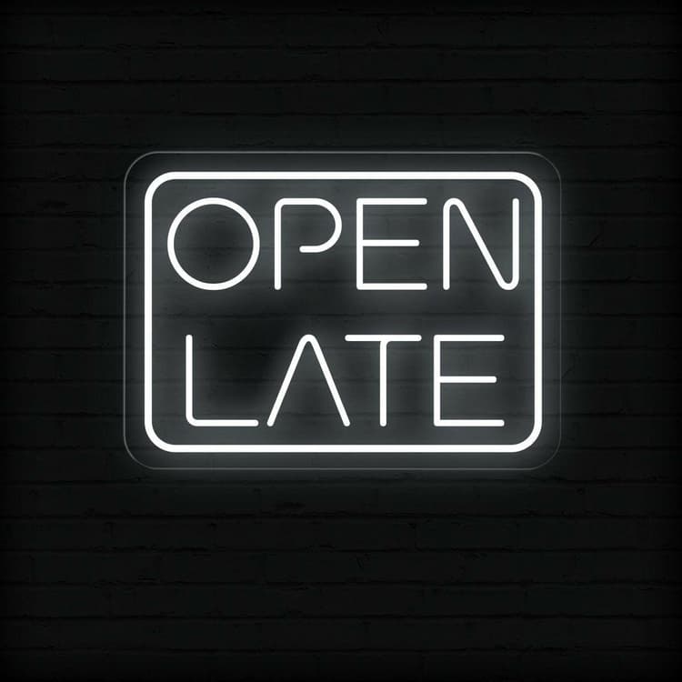 Open Late Business Neon Sign by LEDNeons - Glowing Neon Sign in vibrant color, designed to attract night-time customers.