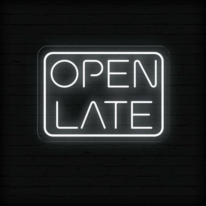 Open Late Business Neon Sign by LEDNeons - Glowing Neon Sign in vibrant color, designed to attract night-time customers.