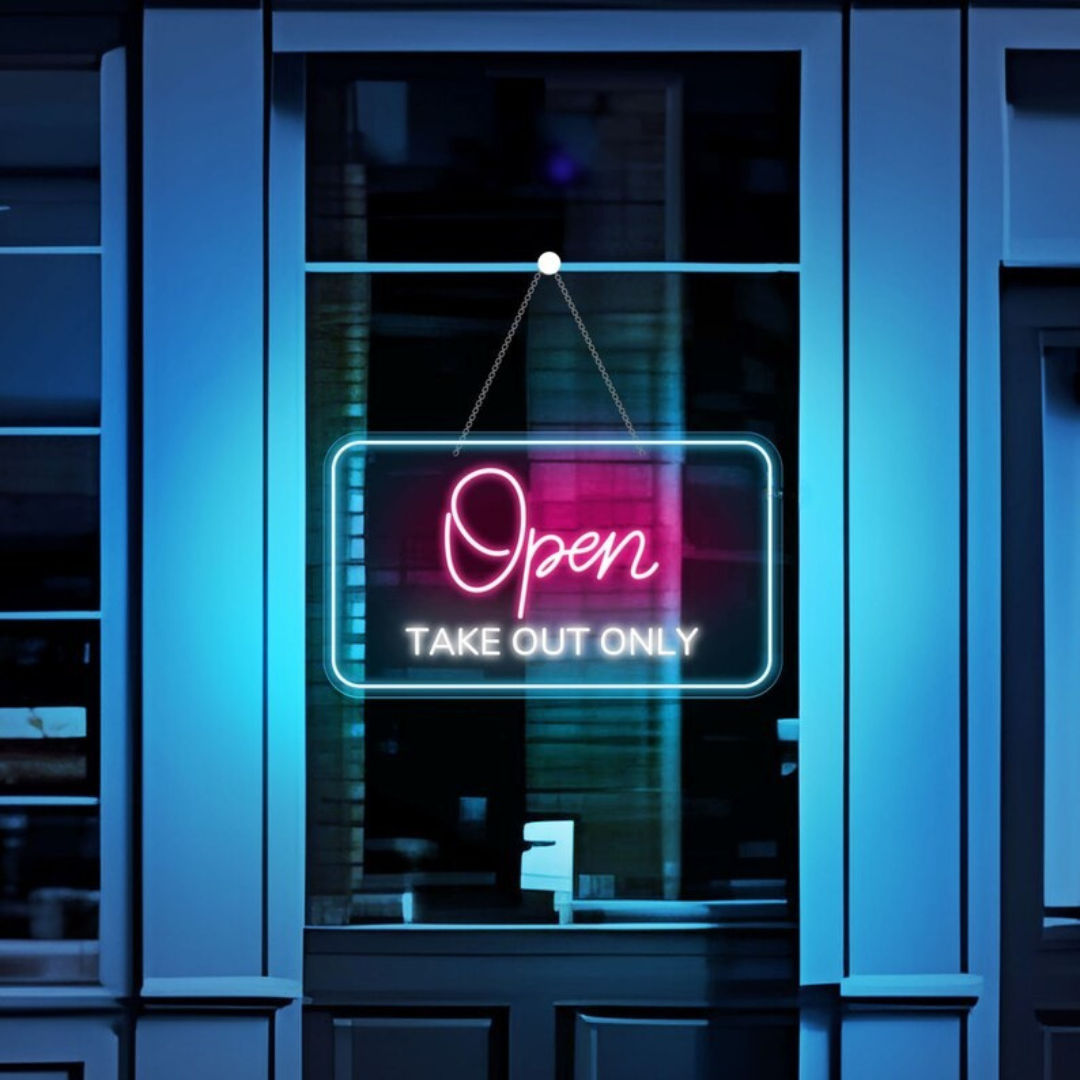 Open Take Out Only Business Neon Sign  by LEDNeons - Bright and modern neon sign perfect for food spots, diners, and cafés offering pickup orders.