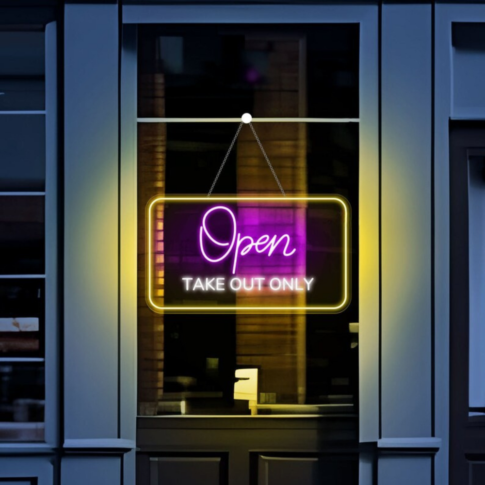 Open Take Out Only Business Neon Sign  by LEDNeons - Bright and modern neon sign perfect for food spots, diners, and cafés offering pickup orders.