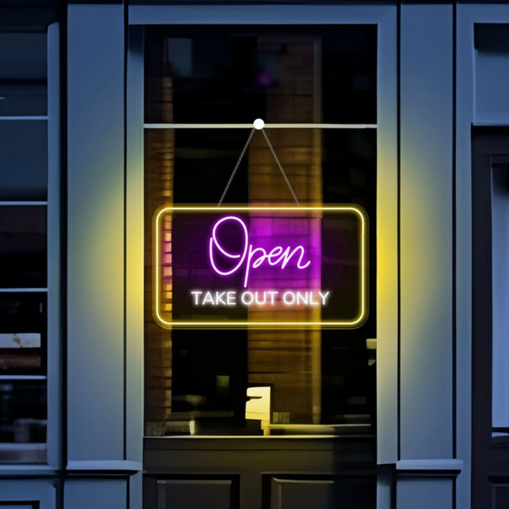 Open Take Out Only Business Neon Sign  by LEDNeons - Bright and modern neon sign perfect for food spots, diners, and cafés offering pickup orders.
