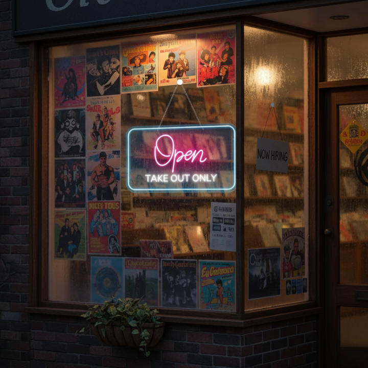 Open Take Out Only Business Neon Sign  by LEDNeons - Bright and modern neon sign perfect for food spots, diners, and cafés offering pickup orders.