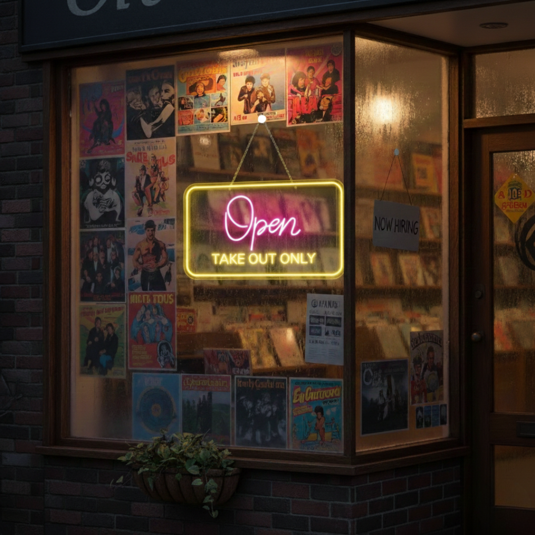 Open Take Out Only Business Neon Sign  by LEDNeons - Bright and modern neon sign perfect for food spots, diners, and cafés offering pickup orders.