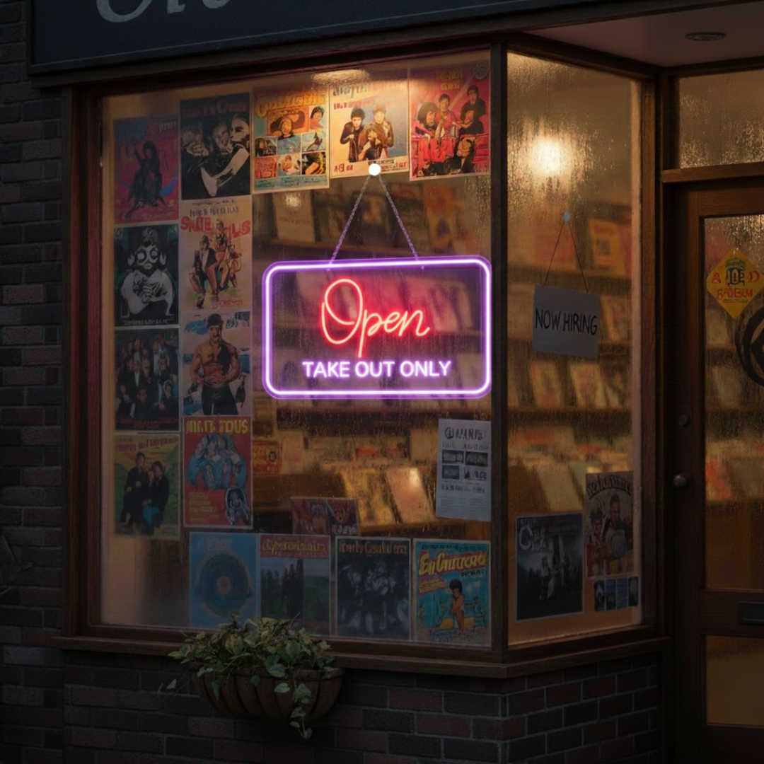 Open Take Out Only Business Neon Sign  by LEDNeons - Bright and modern neon sign perfect for food spots, diners, and cafés offering pickup orders.
