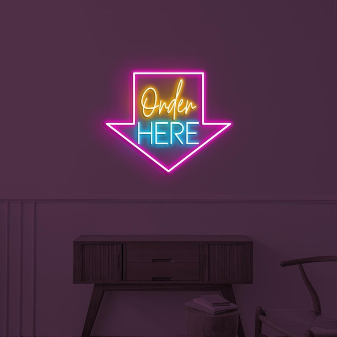 Order Here with arrow Business Neon Sign by LEDNeons -  Bright neon sign brightly glowing to guide customers to the ordering area.