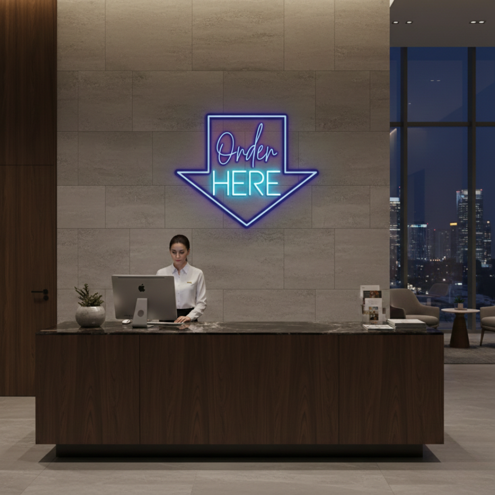 Order Here with arrow Business Neon Sign by LEDNeons -  Bright neon sign brightly glowing to guide customers to the ordering area.