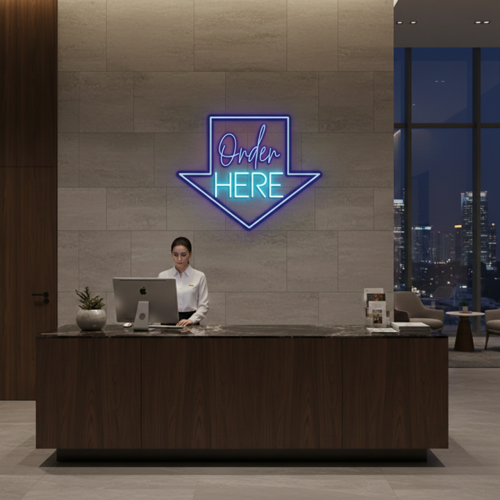 Order Here with arrow Business Neon Sign by LEDNeons -  Bright neon sign brightly glowing to guide customers to the ordering area.