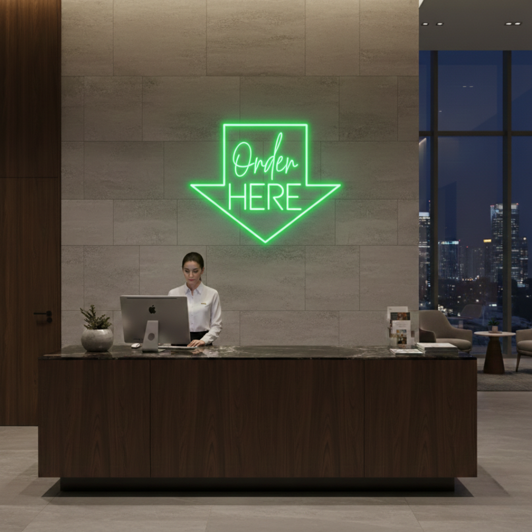Order Here with arrow Business Neon Sign by LEDNeons -  Bright neon sign brightly glowing to guide customers to the ordering area.