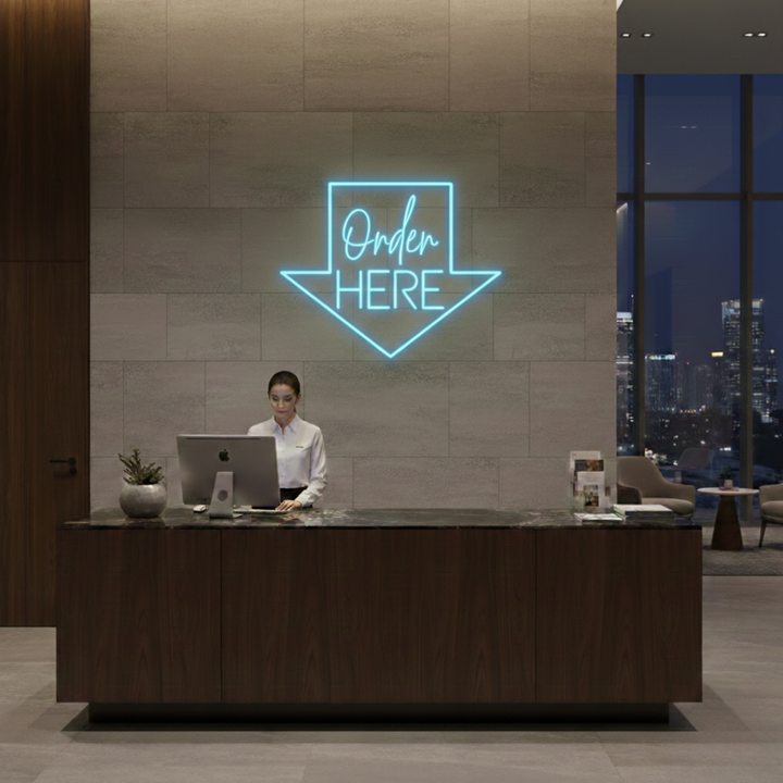 Order Here with arrow Business Neon Sign by LEDNeons -  Bright neon sign brightly glowing to guide customers to the ordering area.