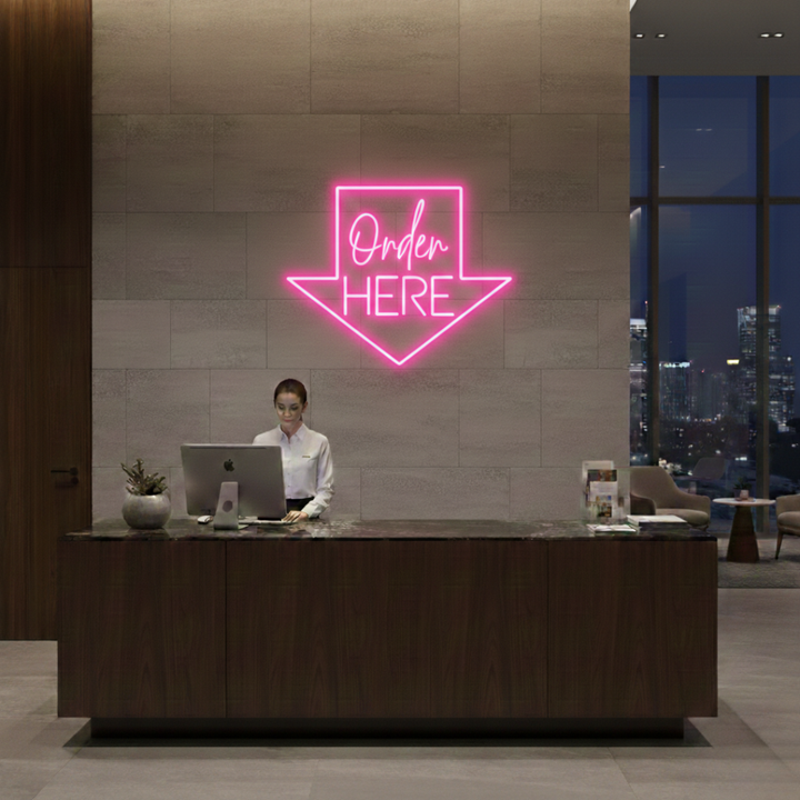 Order Here with arrow Business Neon Sign by LEDNeons -  Bright neon sign brightly glowing to guide customers to the ordering area.