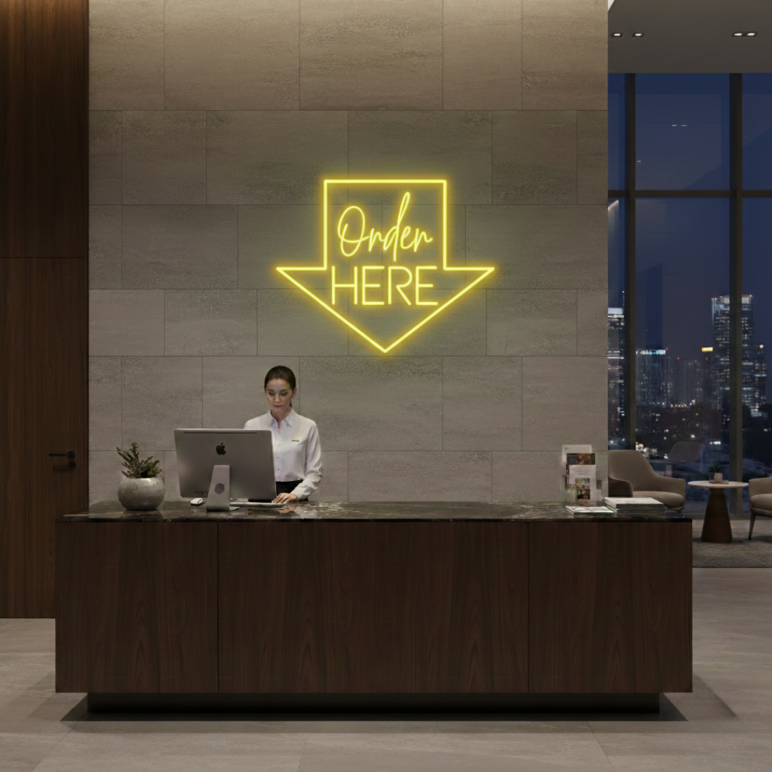 Order Here with arrow Business Neon Sign by LEDNeons -  Bright neon sign brightly glowing to guide customers to the ordering area.
