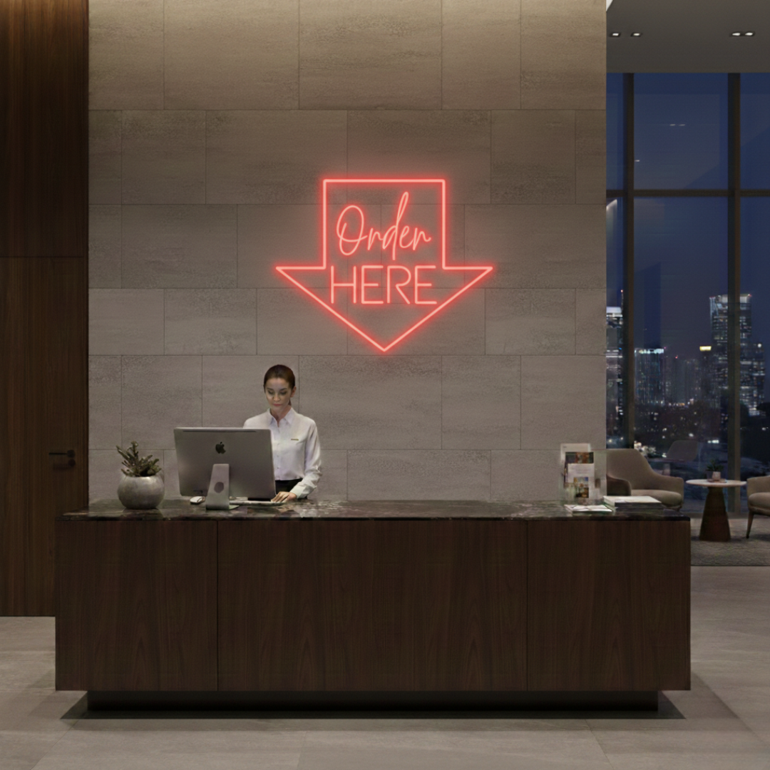 Order Here with arrow Business Neon Sign by LEDNeons -  Bright neon sign brightly glowing to guide customers to the ordering area.