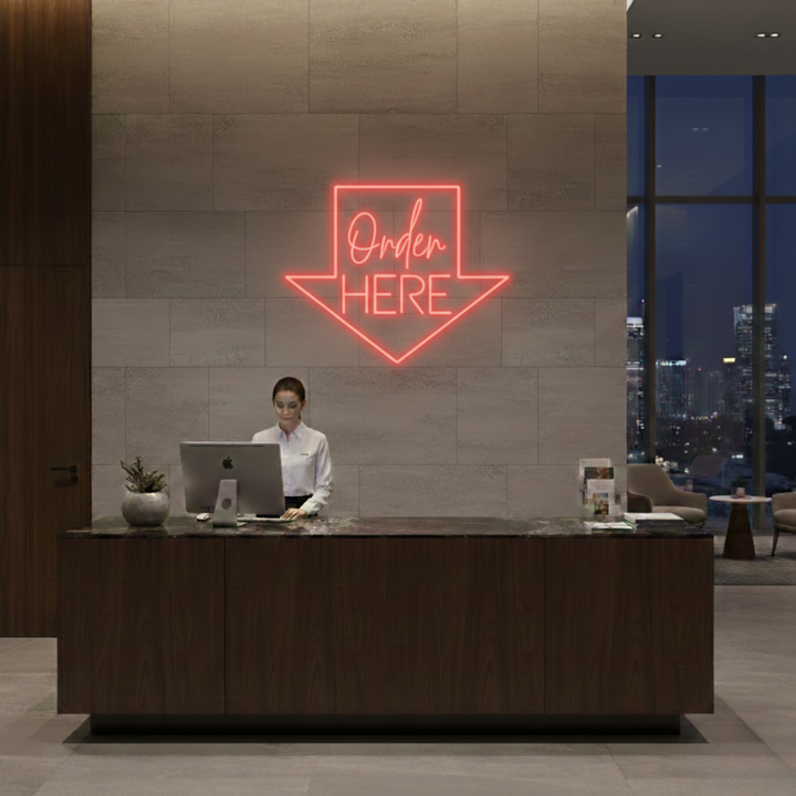 Order Here with arrow Business Neon Sign by LEDNeons -  Bright neon sign brightly glowing to guide customers to the ordering area.