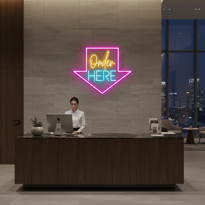 Order Here with arrow Business Neon Sign by LEDNeons -  Bright neon sign brightly glowing to guide customers to the ordering area.