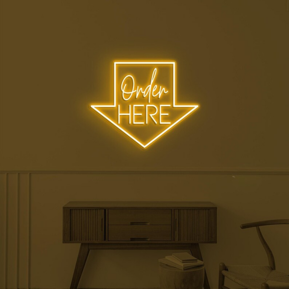 Order Here with arrow Business Neon Sign by LEDNeons -  Bright neon sign brightly glowing to guide customers to the ordering area.