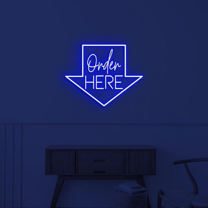 Order Here with arrow Business Neon Sign by LEDNeons -  Bright neon sign brightly glowing to guide customers to the ordering area.