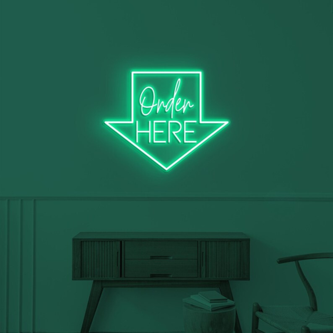 Order Here with arrow Business Neon Sign by LEDNeons -  Bright neon sign brightly glowing to guide customers to the ordering area.