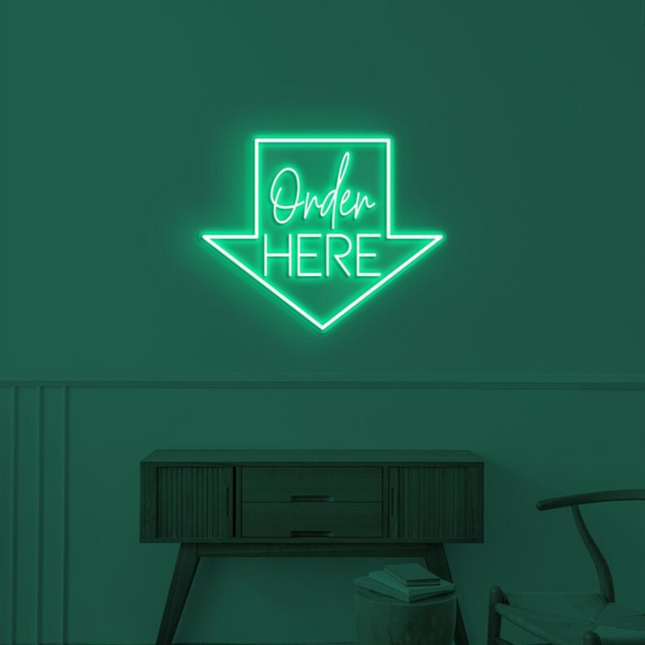Order Here with arrow Business Neon Sign by LEDNeons -  Bright neon sign brightly glowing to guide customers to the ordering area.