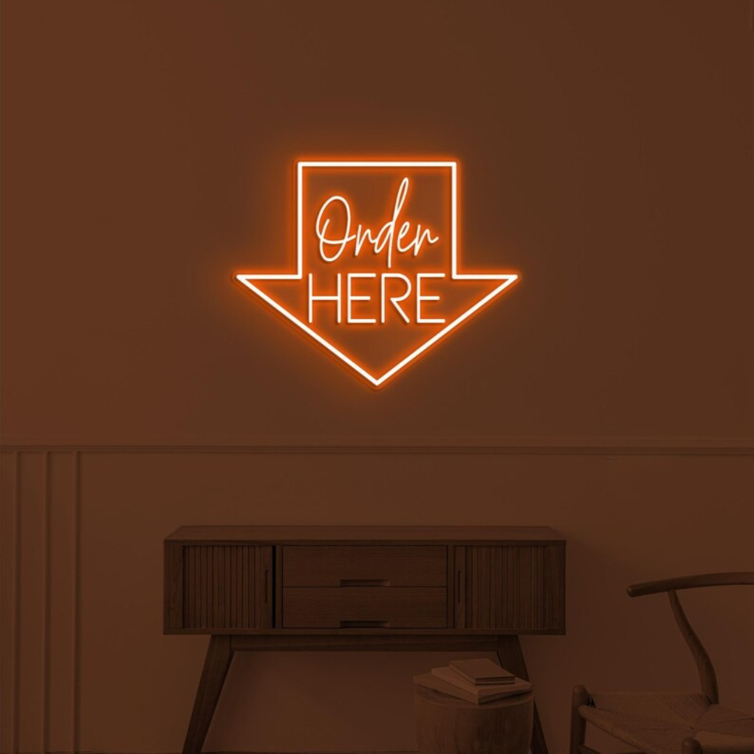 Order Here with arrow Business Neon Sign by LEDNeons -  Bright neon sign brightly glowing to guide customers to the ordering area.