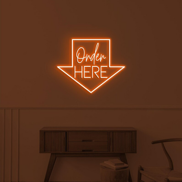 Order Here with arrow Business Neon Sign by LEDNeons -  Bright neon sign brightly glowing to guide customers to the ordering area.