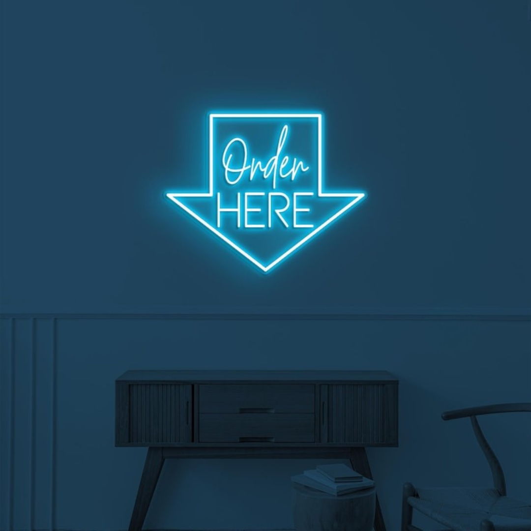 Order Here with arrow Business Neon Sign by LEDNeons -  Bright neon sign brightly glowing to guide customers to the ordering area.