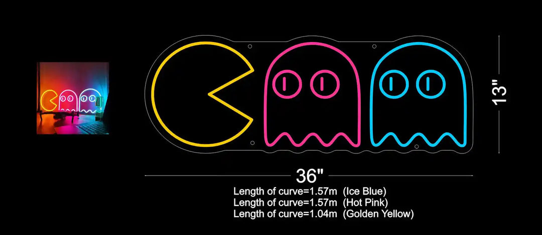 Pac-Man Chasing Ghosts LED Neon Sign by LedNeons.com - Dimensions