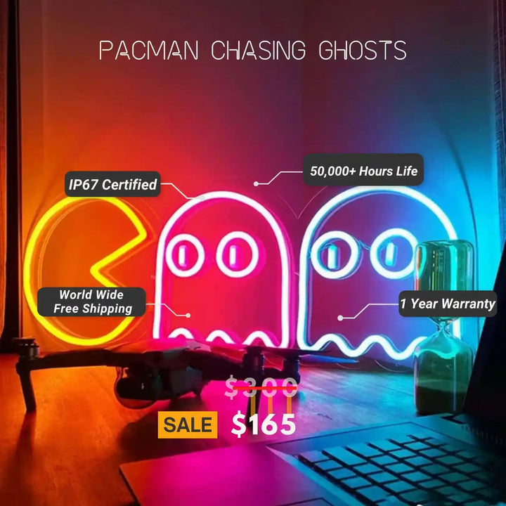 pac-Man Chasing Ghosts LED Neon Sign by LedNeons.com  - Speccification