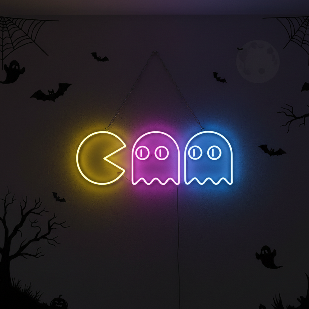 Pac-Man and Ghosts Halloween Neon Sign by LEDNeons - fun and playful light-up décor for Halloween celebrations
