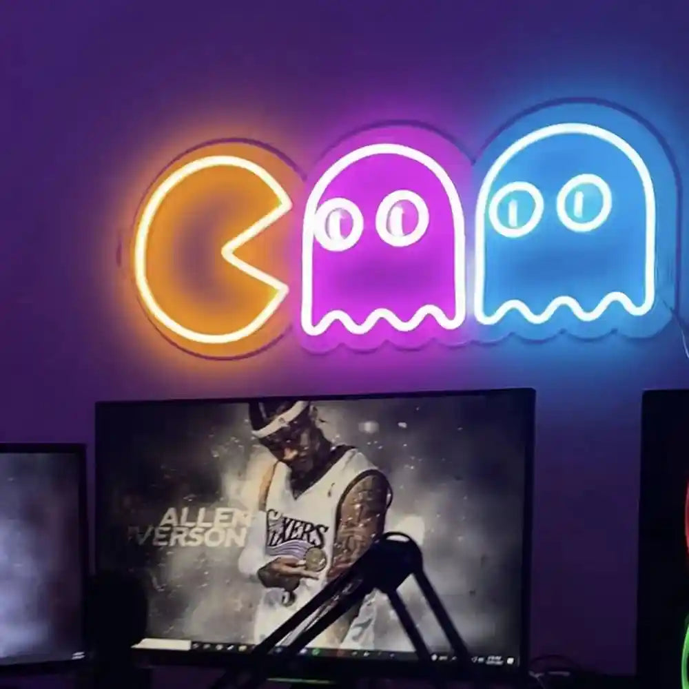 Pac-Man Chasing Ghosts LED Neon Sign by LedNeons.com - on wall