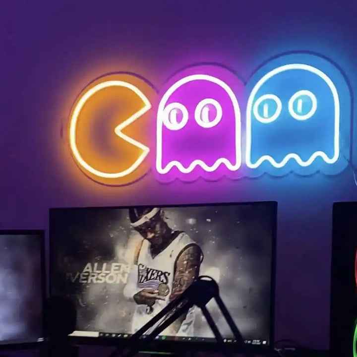 Pac-Man Chasing Ghosts LED Neon Sign by LedNeons.com - on wall