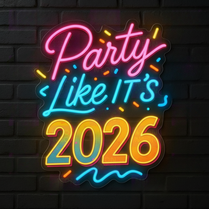 Party Like It’s 2026 LED Neon Sign by LEDNeons glowing in multicolor lights for New Year party décor