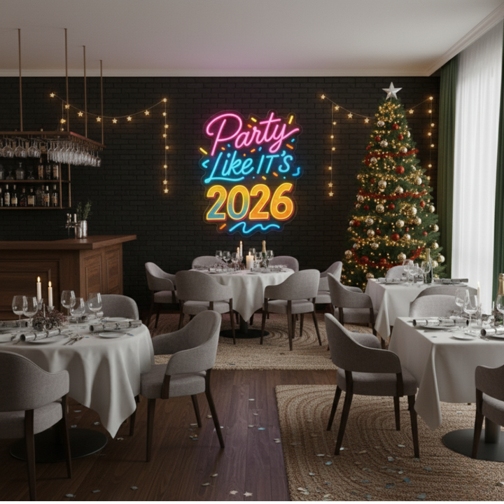 Party Like It’s 2026 LED Neon Sign by LEDNeons glowing in multicolor lights for New Year party décor