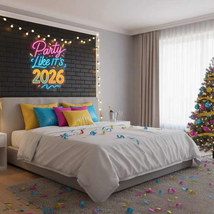 Party Like It’s 2026 LED Neon Sign by LEDNeons glowing in multicolor lights for New Year party décor